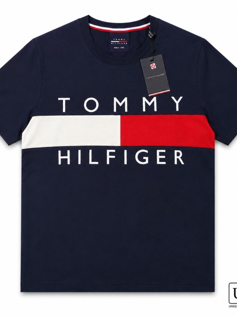 Tommy Hilfiger Men’s Navy Flag Logo T-Shirt Red White Colorblock NWT